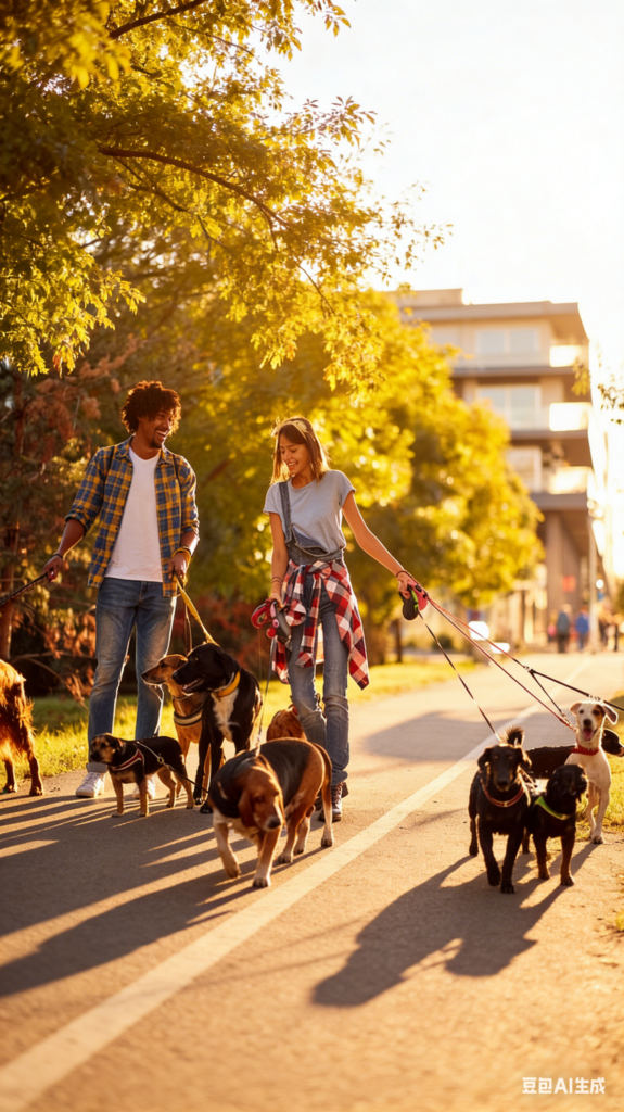 A cheerful young couple walking a pack of dogs on a sunlit street in the golden hour.